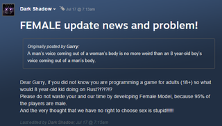 Illustration for article titled Rust Players Divided Over Not Being Able To Choose Their Sex